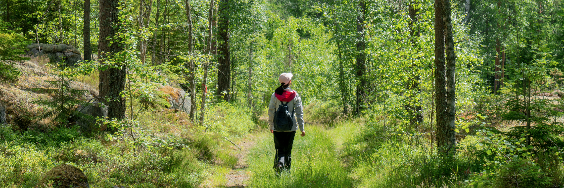 Frau spaziert duch einen Wald
